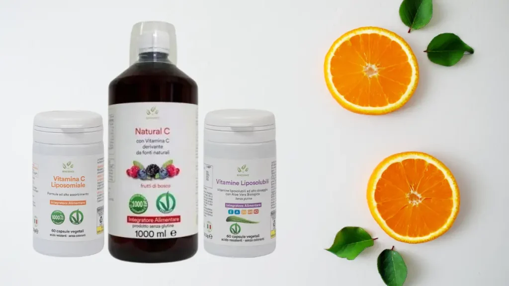 vitamine antiossisanti immagine grafica con prodotti con vitamina c e vitamine liposolubili